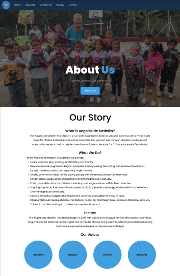 Desktop view of the About Us page - Angeles de Medellín redesign by Mili Khatri