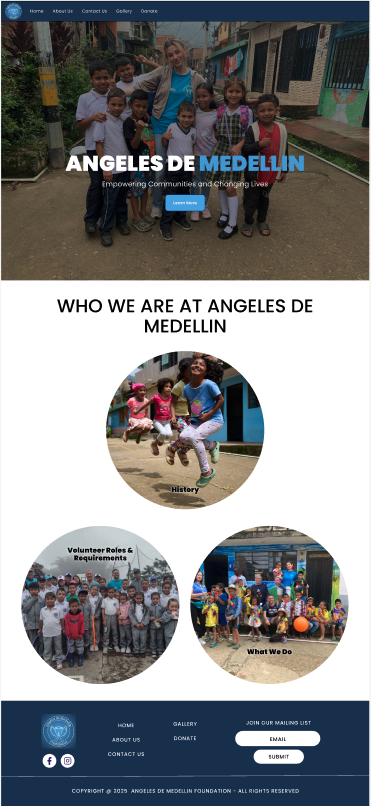 Desktop homepage view of Angeles de Medellín website redesign by Mili Khatri